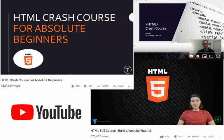 HTML courses on Youtube screenshot collage