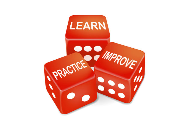 three dice with the words learn practice improve