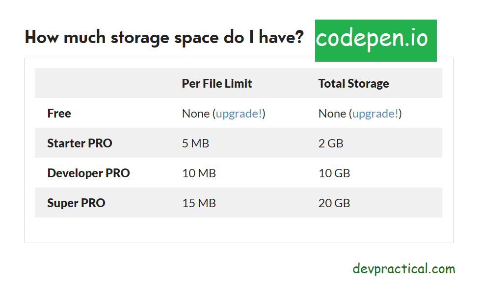Codepen files storage space subscription